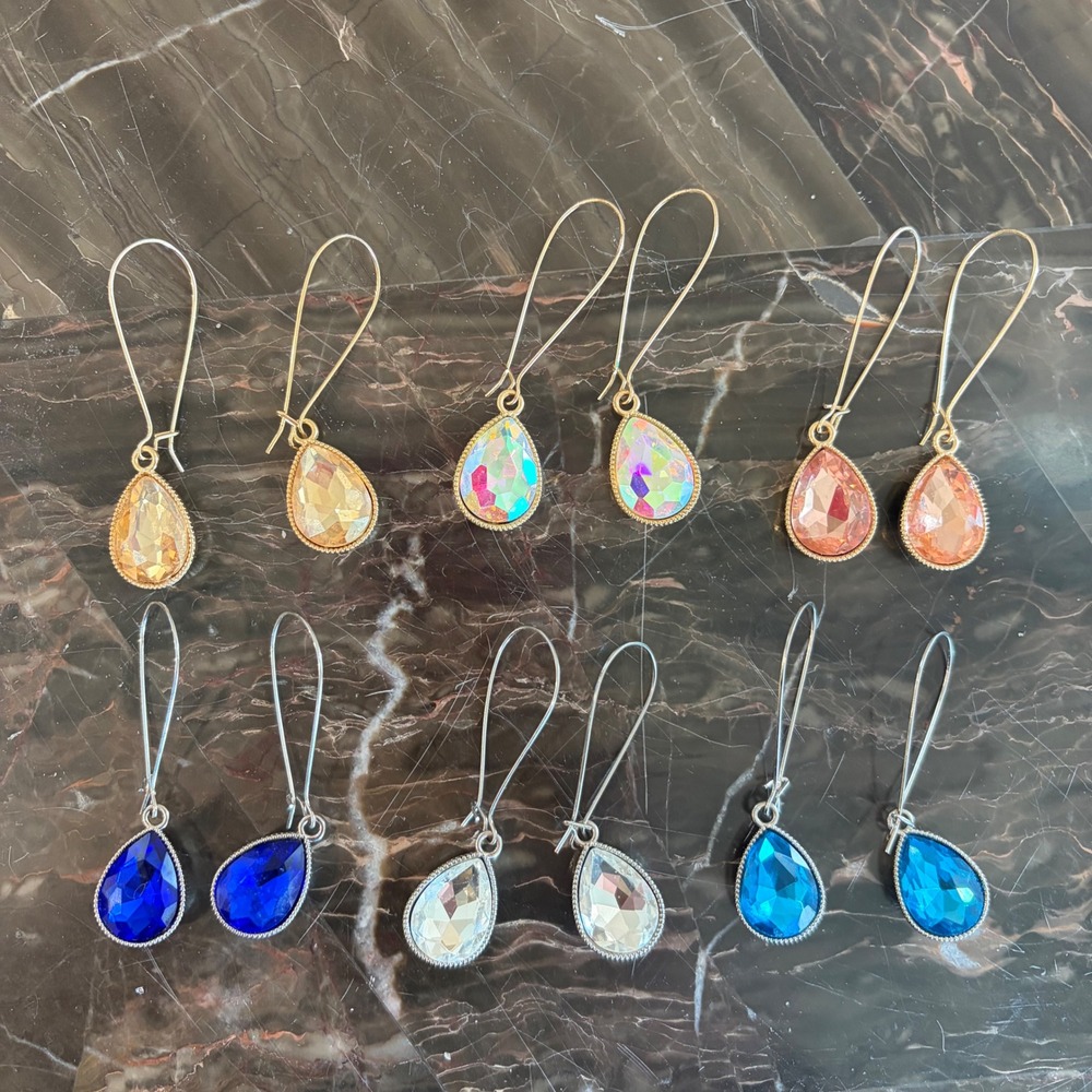 Lot of 7 Pairs Women Teardrop Crystal Dangle Earrings Kidney Wire Multi Color